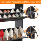 [Black] Adjustable divider feature shown inside the slimline shoe cabinet labelled as a footwear cupboard for tall shoes and wellies.