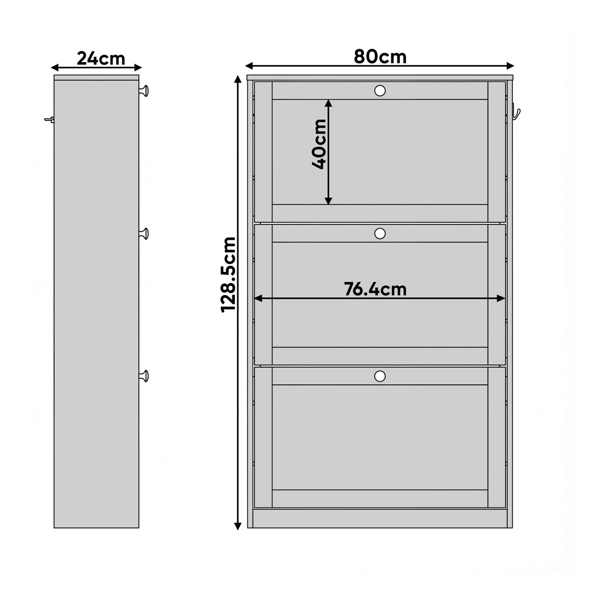 [White] White hallway shoe unit dimension diagram with height 128.5 cm, width 80 cm, and depth 24 cm