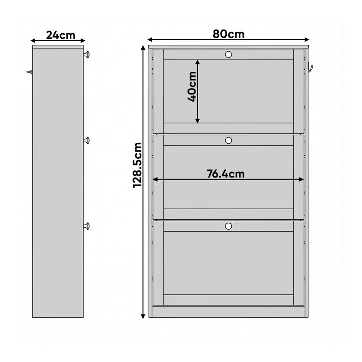 [White] White hallway shoe unit dimension diagram with height 128.5 cm, width 80 cm, and depth 24 cm