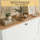 [White] White entryway shaker shoe organiser oak top surface with three drawers and decorative styling setup