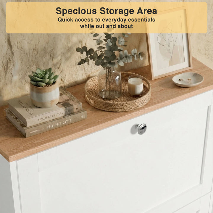 [White] White entryway shaker shoe organiser oak top surface with three drawers and decorative styling setup