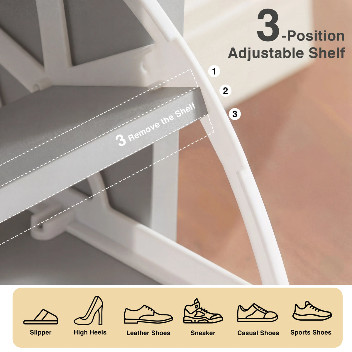 [Grey] Interior of grey shoe cabinet flip-down with three shelf positions plus remove option for taller shoes