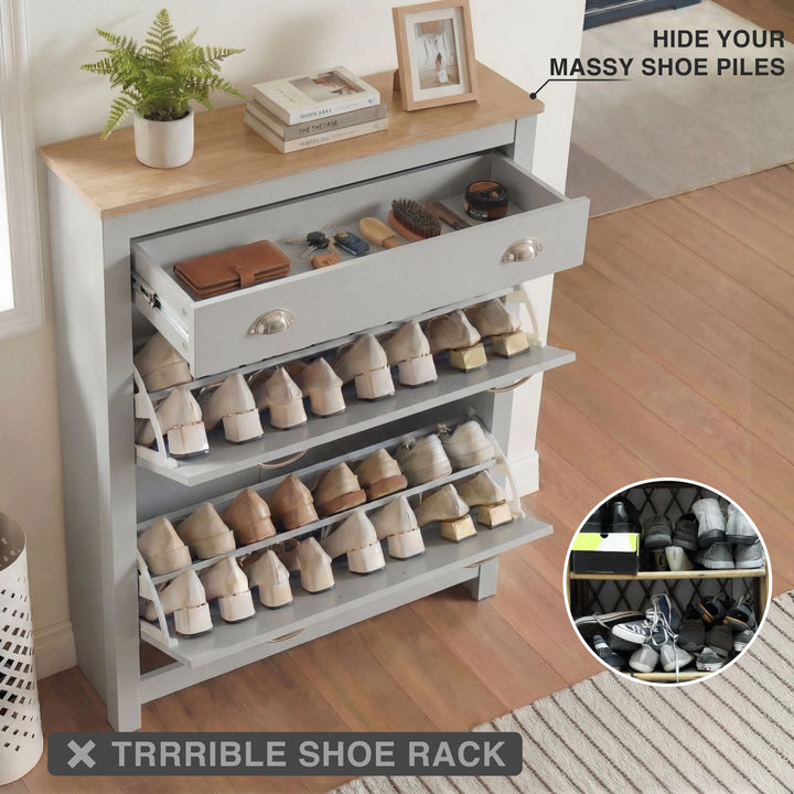 [Grey] Grey slim shoe cabinet drawer and both flip-downs out, organised racks beside messy pile inset