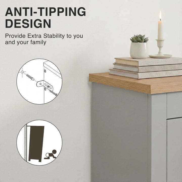[Grey] Grey slim shoe storage unit safety detail showing screw bracket and child-safety wall strap