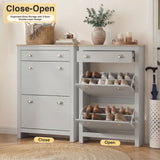 [Grey] Side by side demo of 2 door slim shoe storage unit in grey, closed left and fully open right