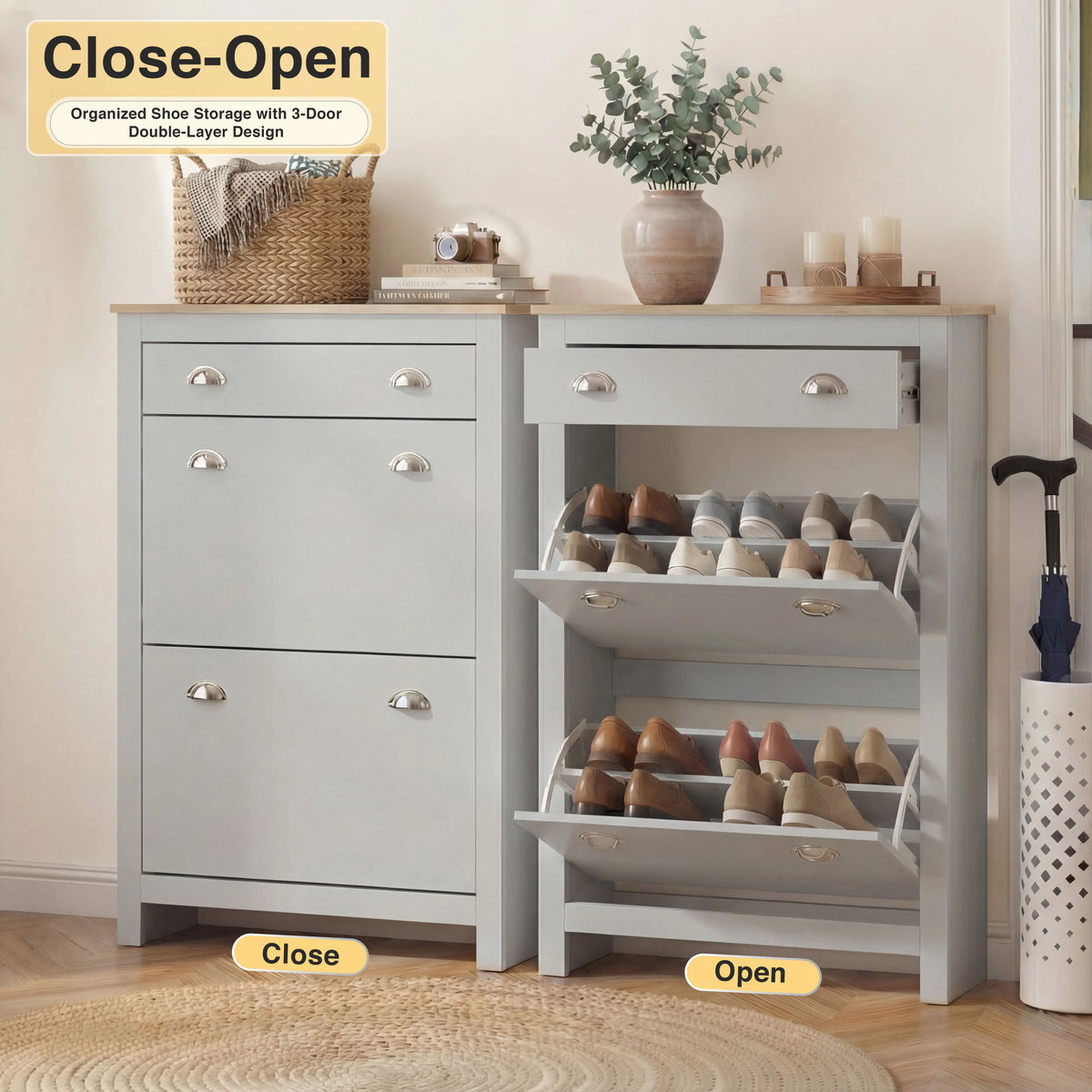 [Grey] Side by side demo of 2 door slim shoe storage unit in grey, closed left and fully open right