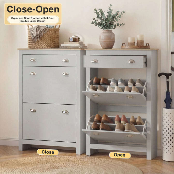 [Grey] Side by side demo of 2 door slim shoe storage unit in grey, closed left and fully open right