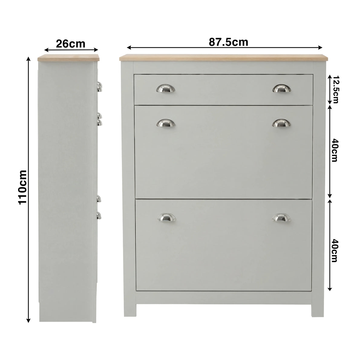 [Grey] Size schematic for 2 door slim shoe storage unit in grey, 87.5 x 26 x 110cm overall