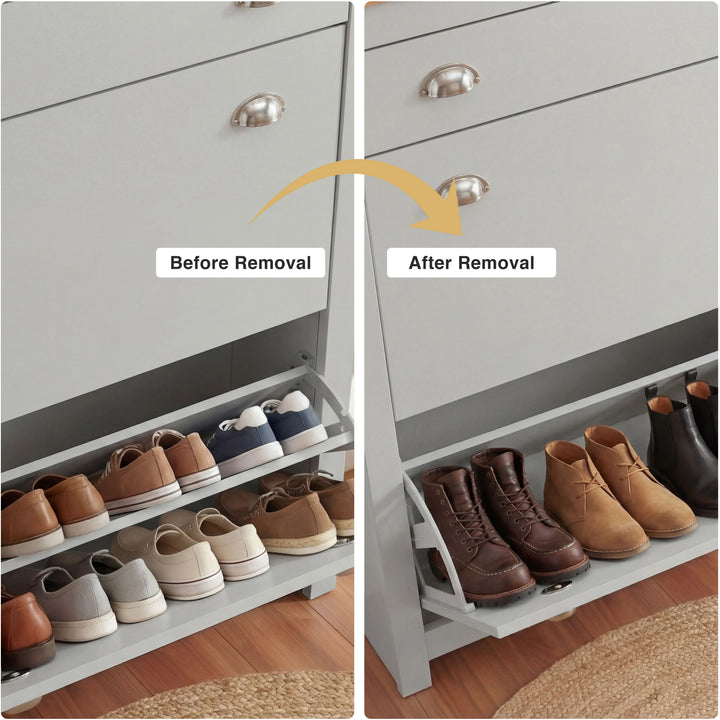 [Grey] Before and after of grey shoe compartment, flat shoes on rack then tall brown boots without shelf