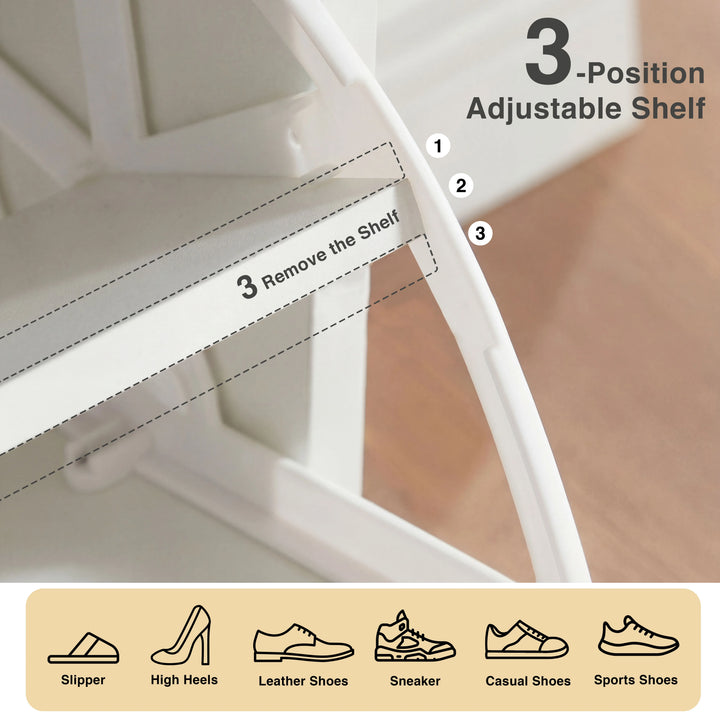 [White] Interior of white shoe cabinet flip-down with three shelf positions plus remove option for taller shoes