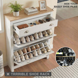 [White] Slim shoe storage unit in white fully open, two rows of footwear angled inside flip-down compartments
