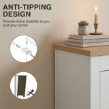 [White] White slim shoe storage unit safety detail showing screw bracket and child-safety wall strap