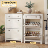 [White] White slim shoe cabinet Close-Open infographic with both flip-down doors angled out and drawer pulled