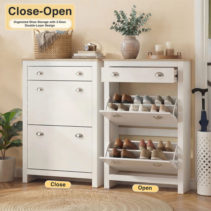 [White] White slim shoe cabinet Close-Open infographic with both flip-down doors angled out and drawer pulled
