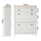[White] Size schematic for 2 door slim shoe storage unit showing 87.5 x 26 x 110cm overall measurements