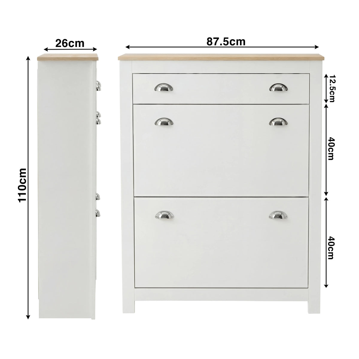 [White] Size schematic for 2 door slim shoe storage unit showing 87.5 x 26 x 110cm overall measurements