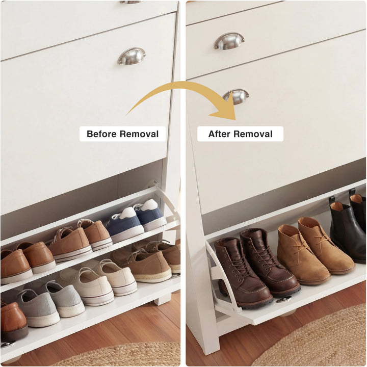 [White] Before and after of white shoe compartment, flat shoes on rack then tall brown boots once shelf is removed