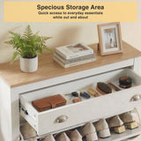 [White] Slim white shoe storage unit drawer open as accessory tray with leather wallet, brushes and scissors