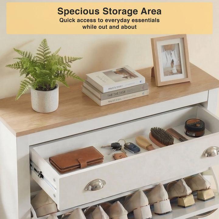[White] Slim white shoe storage unit drawer open as accessory tray with leather wallet, brushes and scissors