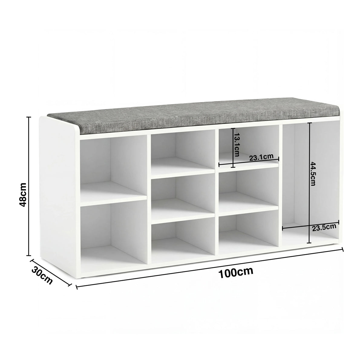 [White] Shoe storage bench dimensions diagram: 100cm wide, 30cm deep, 48cm tall, side cubby 44.5cm tall