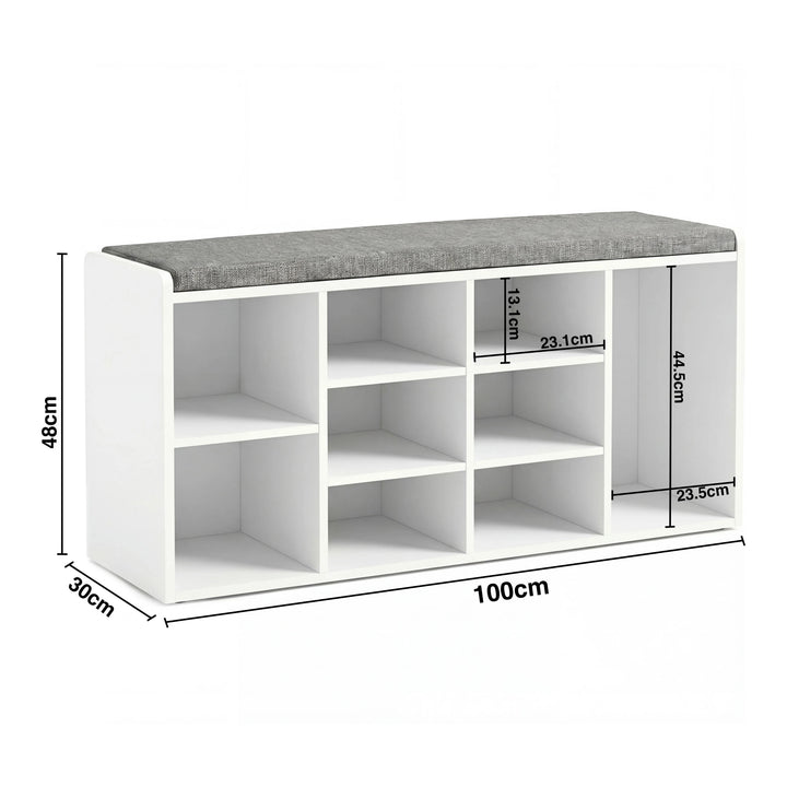 [White] Shoe storage bench dimensions diagram: 100cm wide, 30cm deep, 48cm tall, side cubby 44.5cm tall