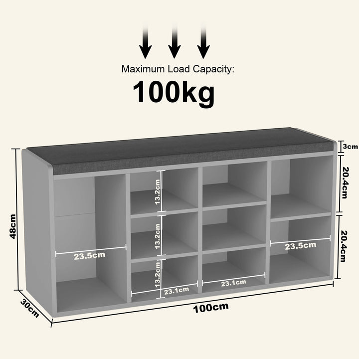 [Grey] Shoe storage bench with cushion sized 100cm wide by 30cm deep by 48cm high, 100kg capacity