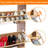 [Pine] Shoe cabinet hallway close-up showing pull-down drawers with adjustable separators for high heels or boots.