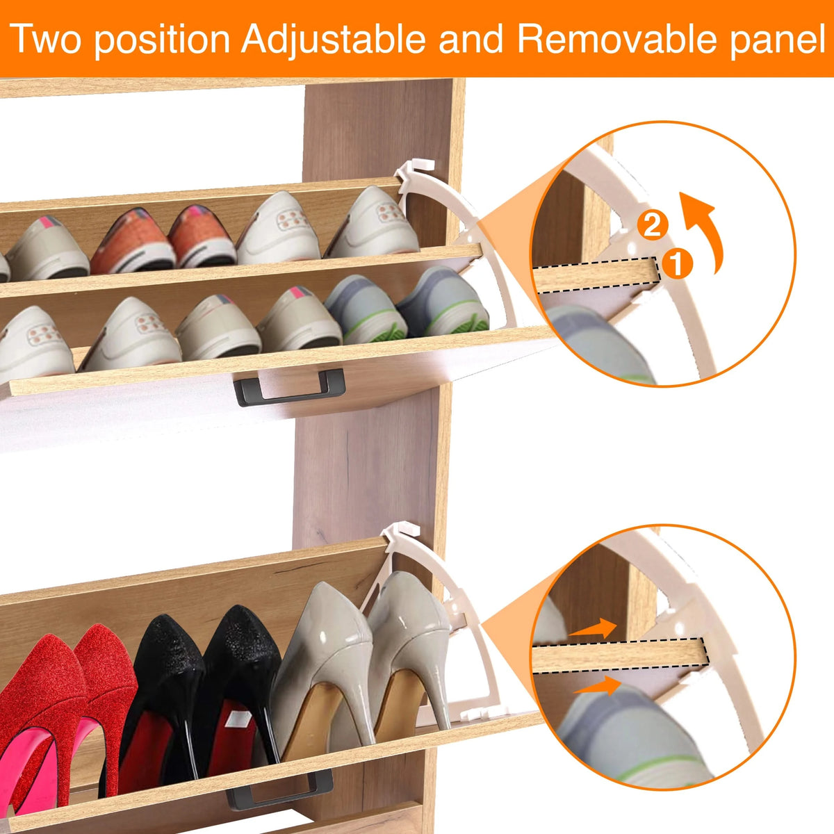 [Pine] Shoe cabinet hallway close-up showing pull-down drawers with adjustable separators for high heels or boots.