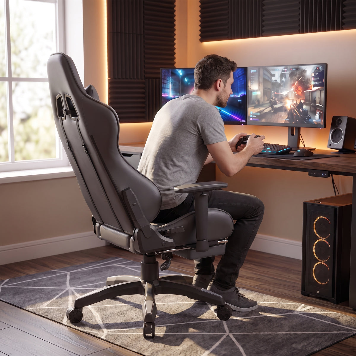 [Dark Grey + Light Grey] Side view of a man sitting and playing a video game in the [Dark Grey + Light Grey] Ergonomic Gaming Chair.