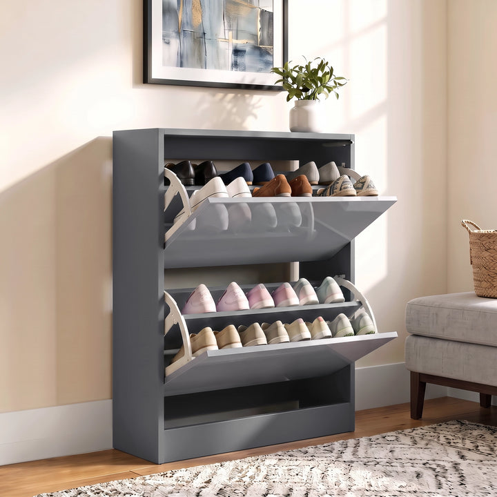 [Silver Grey & Dark Grey] Both pull-down drawers open with shoes on tilted shelves, wall art, potted plant, rug, and bench
