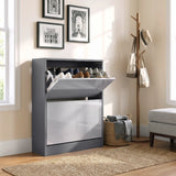 [Silver Grey & Dark Grey] Top drawer open in entryway scene with wall art, coat stand, woven basket, bench, windows, and rug