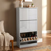 [Silver Grey] High Gloss 3 Door Shoe Cabinet with the bottom door tilted open from a side angle.