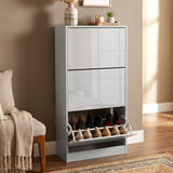 [Silver Grey] High Gloss 3 Door Shoe Cabinet with the bottom door tilted open from a side angle.