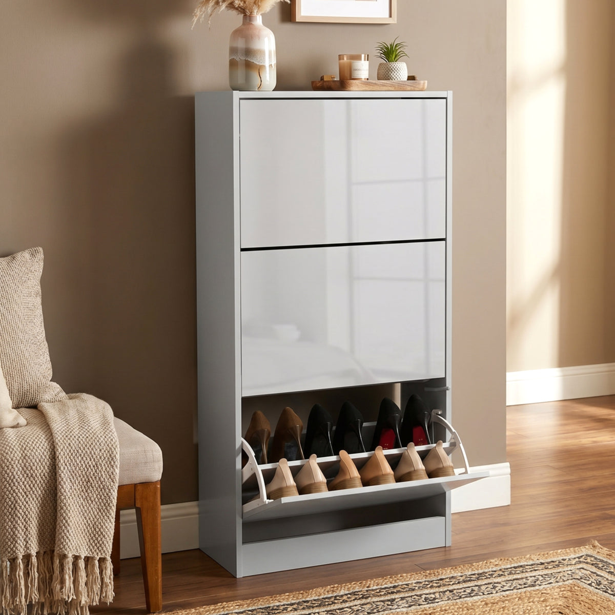 [Silver Grey] High Gloss 3 Door Shoe Cabinet with the bottom door tilted open from a side angle.