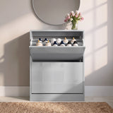 [Silver Grey] Front view of the Silver Grey High Gloss 2 Drawer Slim Shoe Storage Cabinet with top drawer open revealing shoes inside.