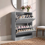 [Silver Grey] Silver Grey High Gloss 2 Drawer Slim Shoe Storage Cabinet with both pull-down drawers fully open.