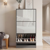 [Dark Grey & Silver Grey] High Gloss 3 Door Shoe Cabinet front-facing with two mirrored gloss doors closed and bottom compartment open revealing two rows of heeled shoes