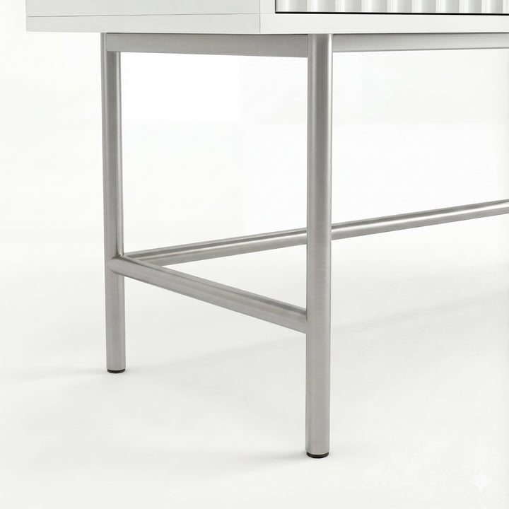 [White] white dressing table base detail with silver square legs and floor glide on a light surface