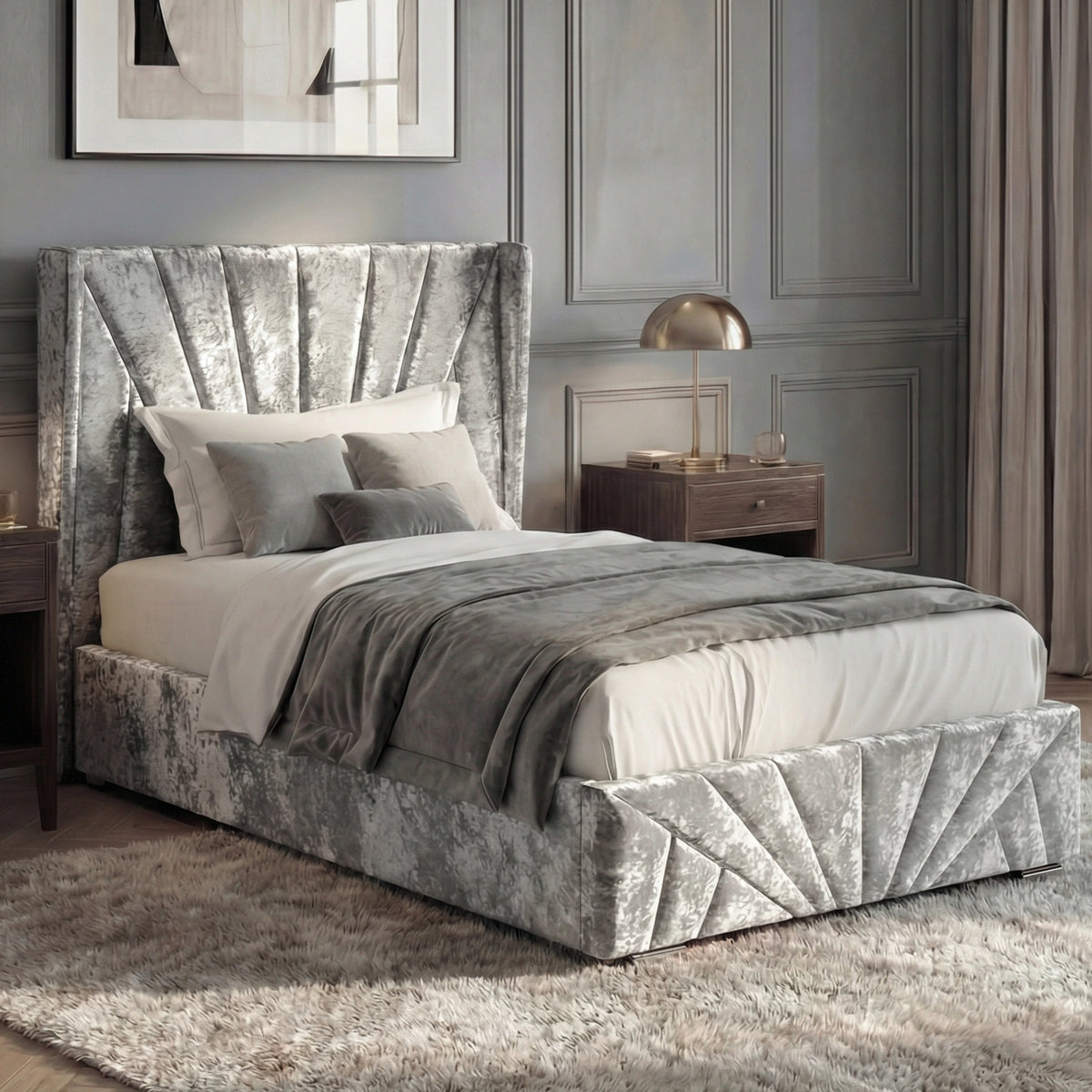 [Single | Silver] Angled room view of Sunrise bed with panelled wall, framed art, and herringbone floor