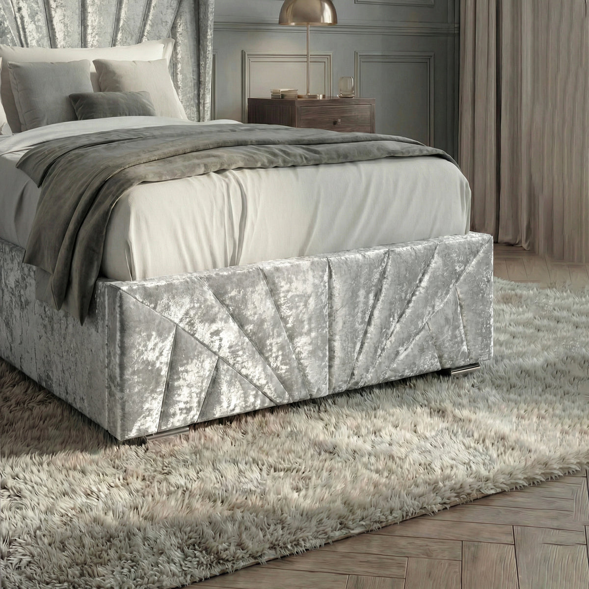 [Single | Silver] Footboard detail on Sunrise bed showing pleated velvet panels and metal support feet