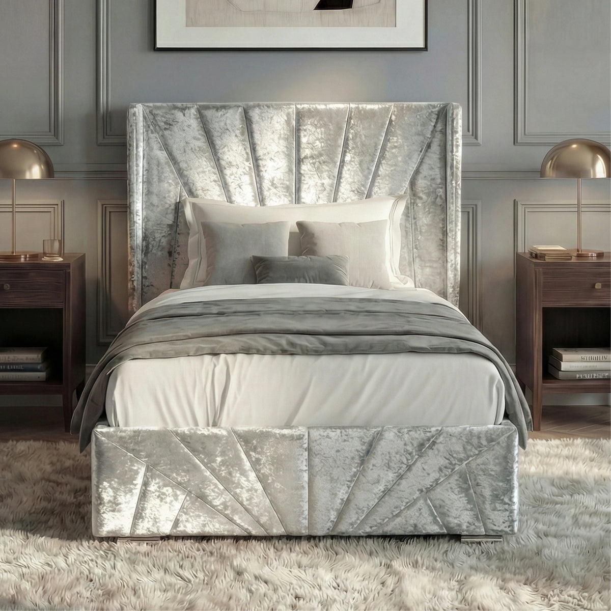 [Single | Silver] Front view of Sunrise bed with wing headboard, white bedding, and walnut bedside tables