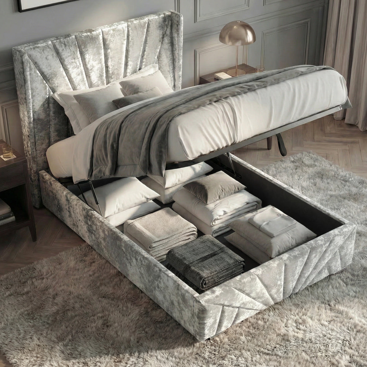 [Single | Silver] Open ottoman storage on Sunrise bed with raised slatted base and black gas lift hardware