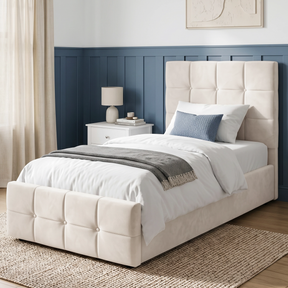 [Single | Beige] velvet upholstered bed frame with a tall tufted headboard and matching footboard, shown in a styled bedroom with white bedding