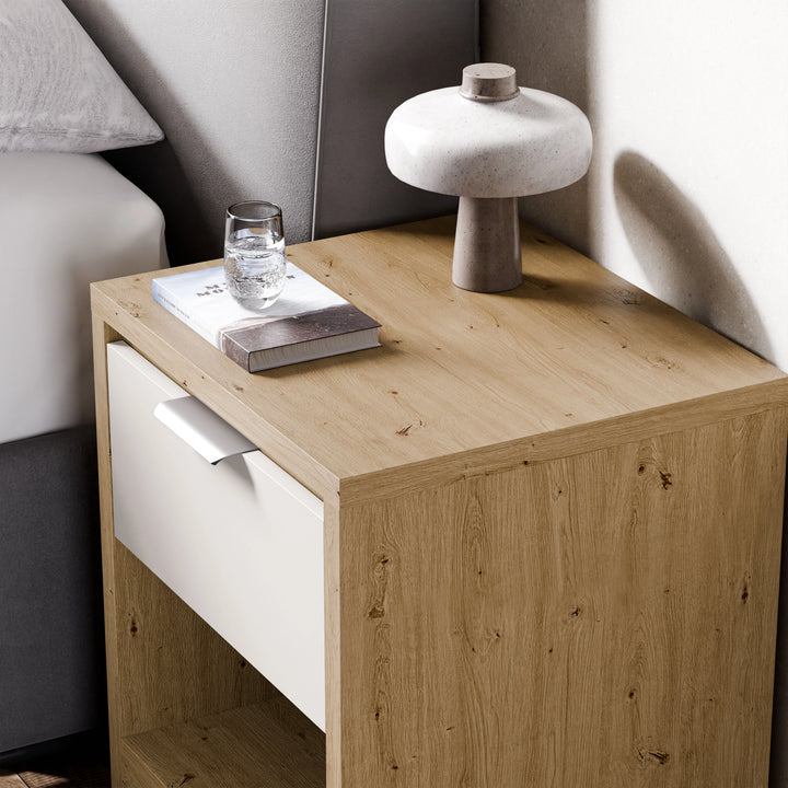 [Oak+White] Skova 1 drawer bedside table with white drawer pulled out part-way exposing the metal runner