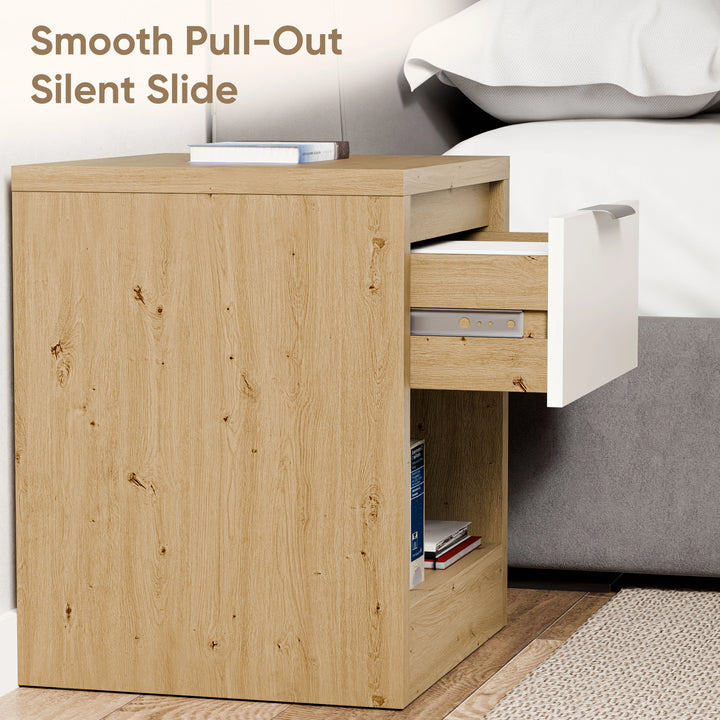 [Oak+White] Detail of Skova bedside table white drawer front and bar handle with drawer extended out