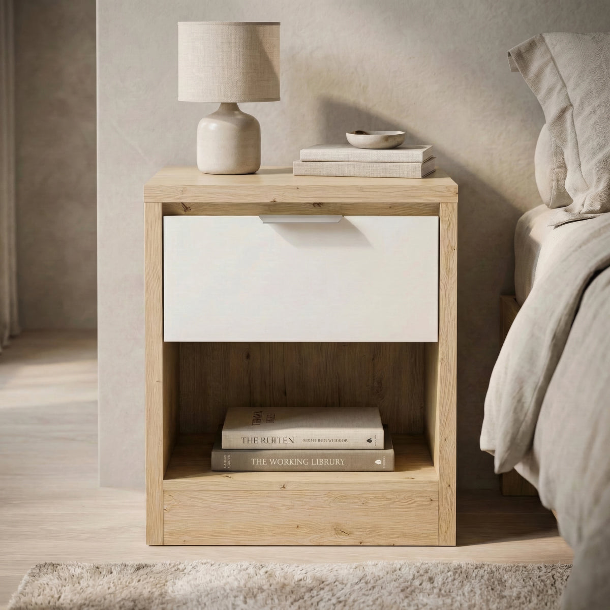 [Oak+White] Skova 1 drawer bedside table in oak finish with white drawer, lamp and books on lower shelf