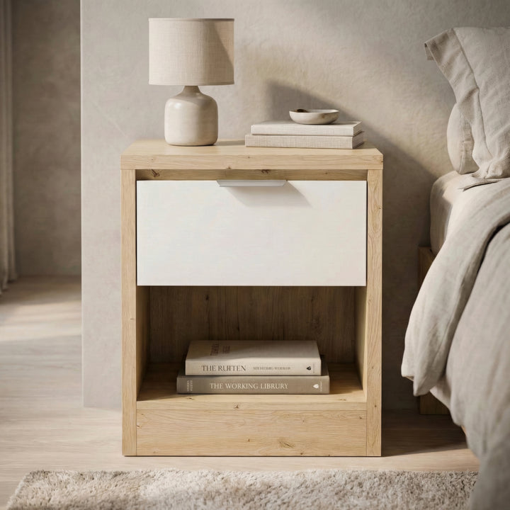 [Oak+White] Skova 1 drawer bedside table in oak finish with white drawer, lamp and books on lower shelf