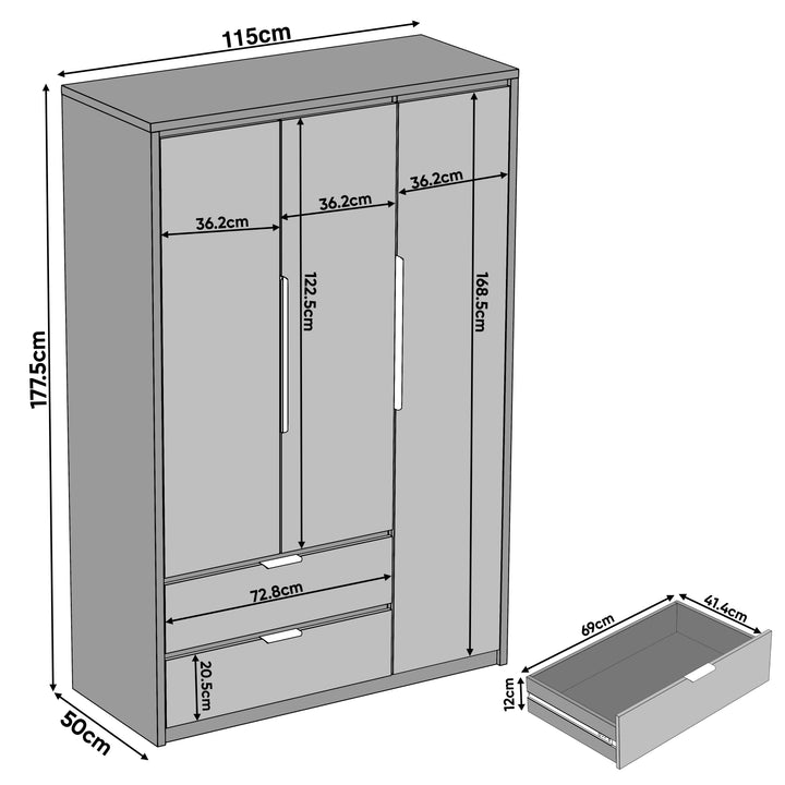 [Wooden Grey]  Skova 3 door wardrobe line drawing at 115 x 50 x 177.5 cm with 36.2 cm door panel noted