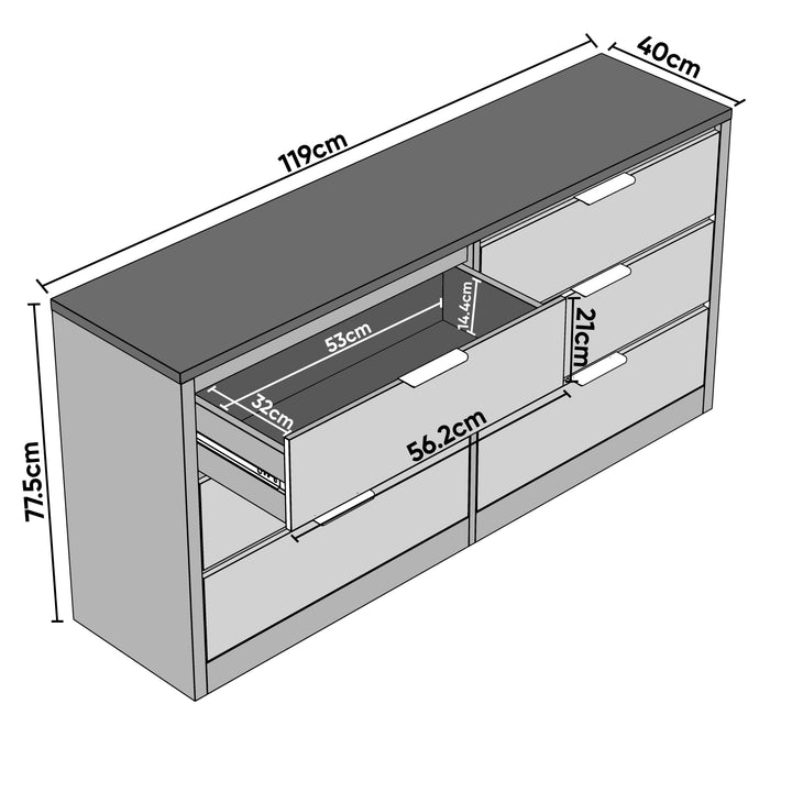 Diagram of 6 chest of drawers displaying dimensions, including 77.5 cm height, 119 cm width, 40 cm depth, and drawer sizes