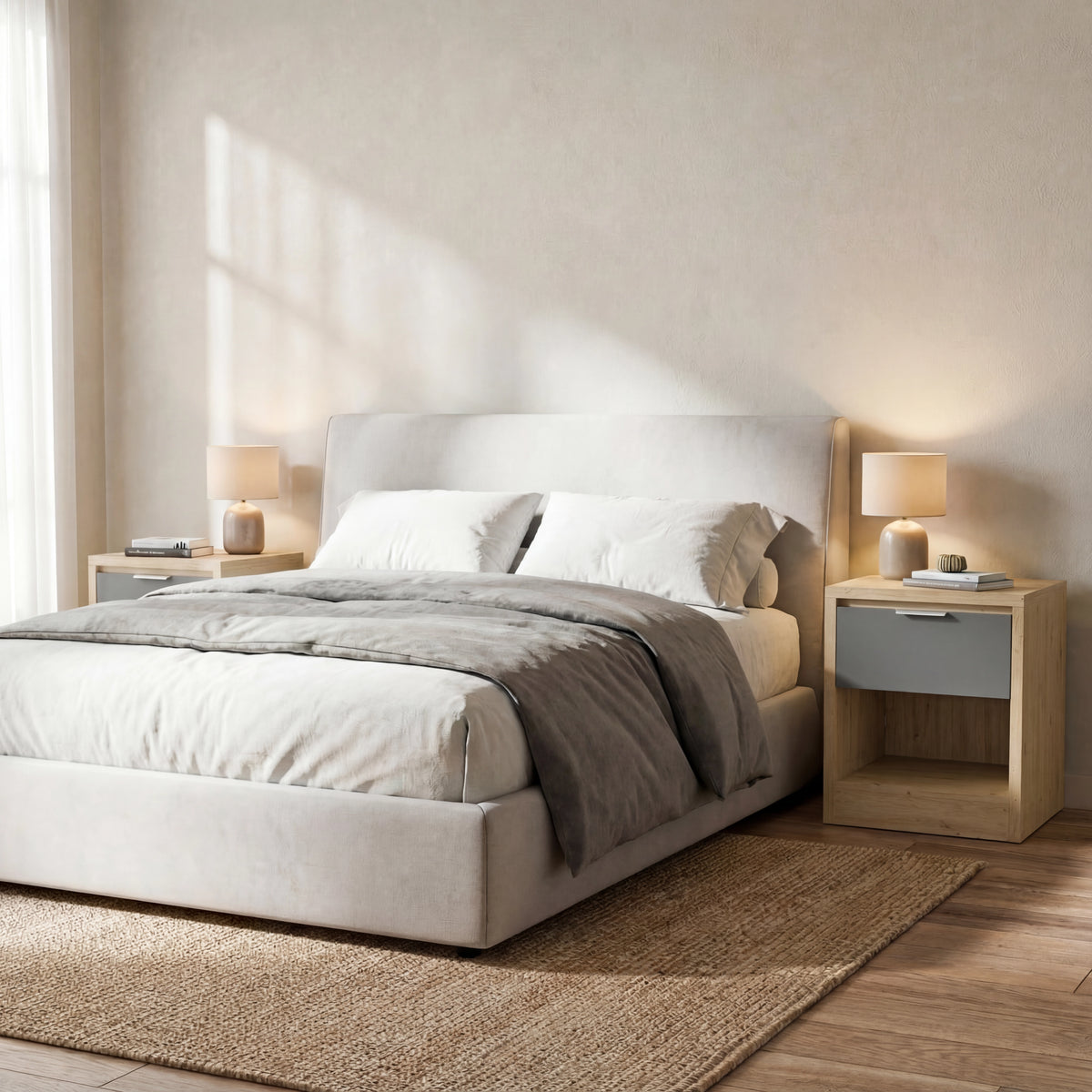 [Oak+Grey] Two Skova bedside tables placed beside a low cream bed on a jute rug, grey drawer fronts visible